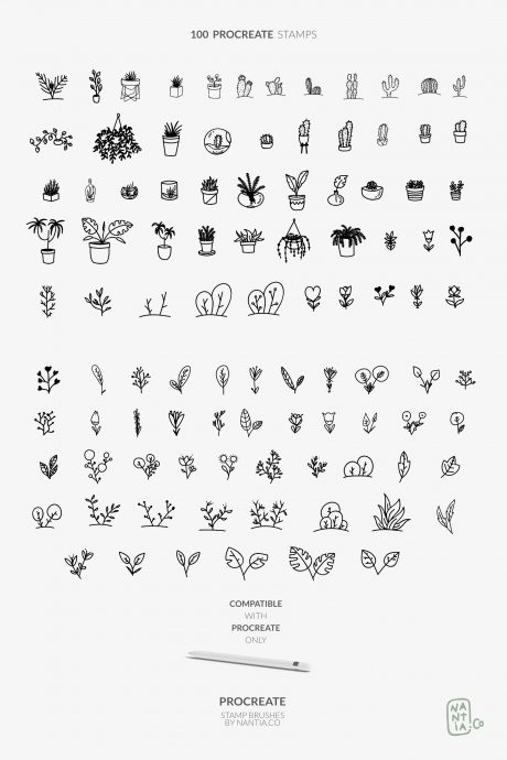 100 Procreate stamps Boho-Chic Plants and Leaves