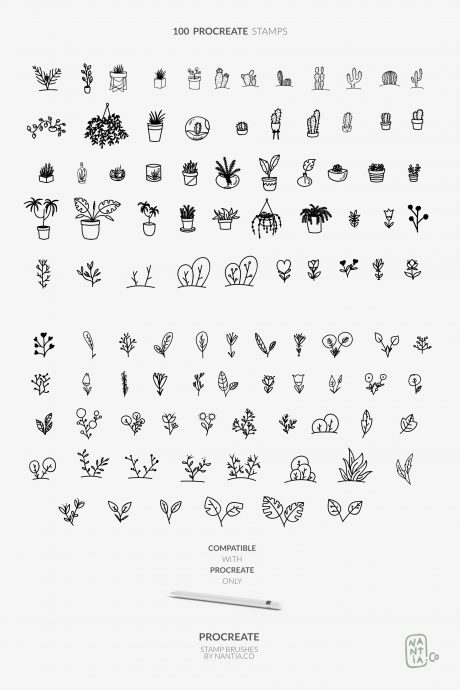 100 Procreate stamps Boho-Chic Plants and Leaves